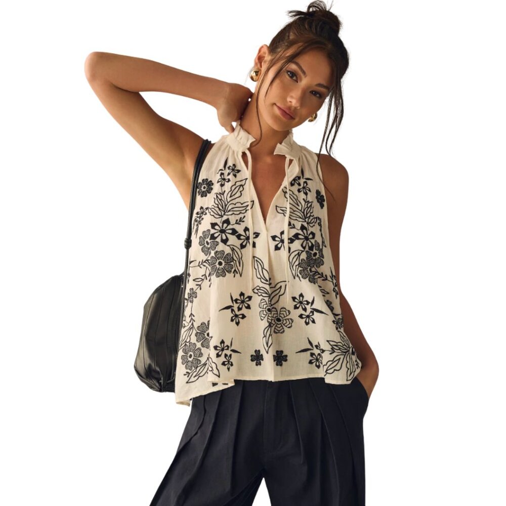 Anthropologie Cream Tank Top with Black Floral Embroidery